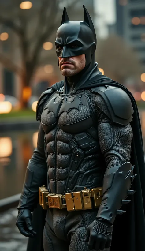 Ben AFFLECK as Batman in black and gray metallic armored tactical suit, highly detailed with futuristic armor plates and realistic texture. Featured bat symbol on the chest, gold utility belt with technological compartments. Classic mask with pointed ears,...