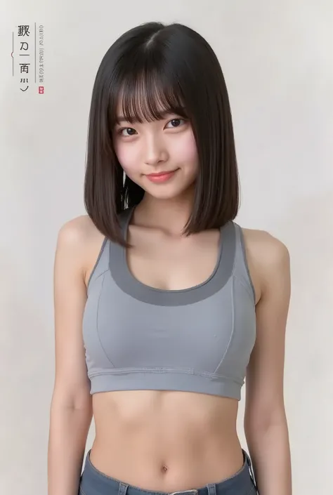 1girl, young, ((upper body, looking at camera)), manami, (Smug, mischievous smile), (midriff, abs). Masterpiece, top quality, best quality, beautiful eyes, muscular, attractive. simple background.