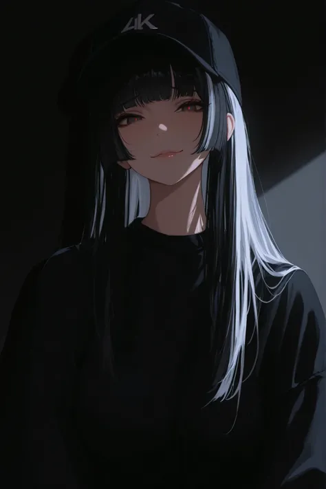 masterpiece, Best quality, amazing quality, very aesthetic, high resolution, ultra-detailed, absurdress, newest, 1 maiden, baseball cap, hime haircut, long hair, black hair, day grey hair, in strands, Sad smile, looks at the viewer, Sharp shadow, Cinematic...