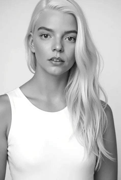 The image features a woman with long flowing hair, displaying soft waves and a natural texture. Her hair appears to be white with highlights, adding depth and dimension. She is wearing a sleeveless white top with a round neckline, which compliments the neu...