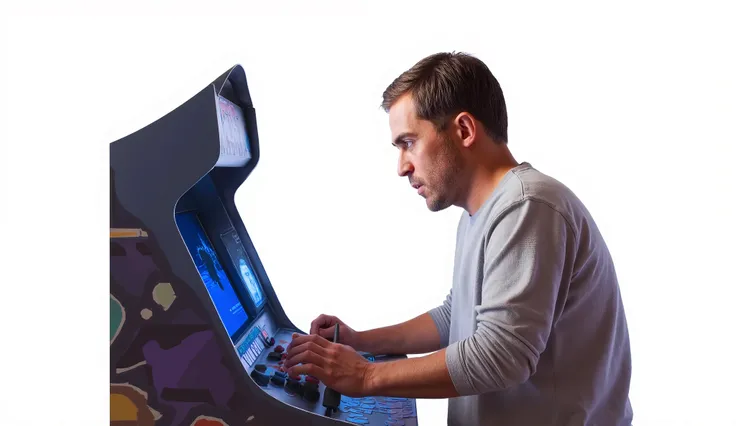 A man in his 30s playing arcades. Fundo branco.
