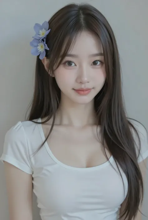 masterpiece、beautiful woman、Shoulders are bare、white off-the-shoulder clothes、showing body lines、wearing underwear、The color of underwear is dark blue、attractive expression、smooth skin、BIG BREASTS、(cleavage in the bikini body)、Delicate Faces、modest smile、E...