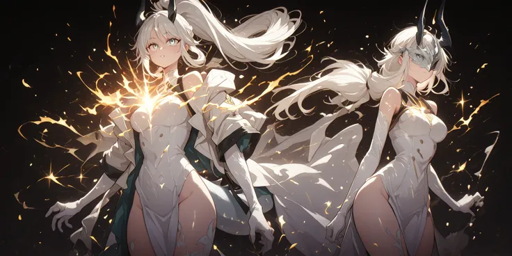 sozinho, 1 garota, cabelo de energia branca, hairstyle like Reed the Flame Shadow from arknights, preso em um longo rabo de cavalo, olhos cobertos por uma máscara prateada com o mesmo desenho da máscara da Rainha do Gelo de Return of the Frozen Player {x} ...