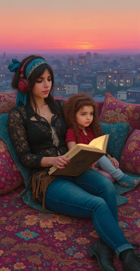 created a painting with oil painting with huge details , In the style of the artist Leonardo Davinci , In the era of the European renaissance , A fully detailed painting of an Arab woman lying on the roof of the house on an Arabic carpet, holding a book i...