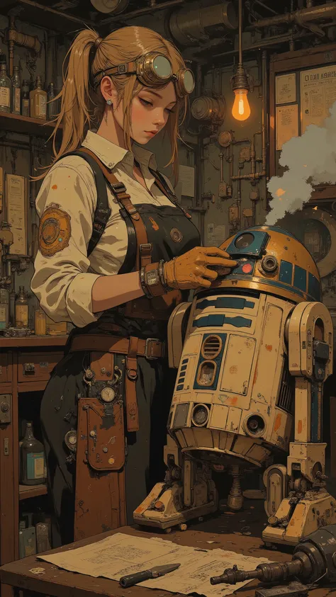 mechanic girl,steampunk style work clothes,wearing brass goggles,gloves,
brawn apron,Long golden Hair in a Ponytail,Mechanic,(Star Wars R2-D2),Star Wars R2-D2 repair work in progress,welding sparks scattering, holding tools, Home workshop,