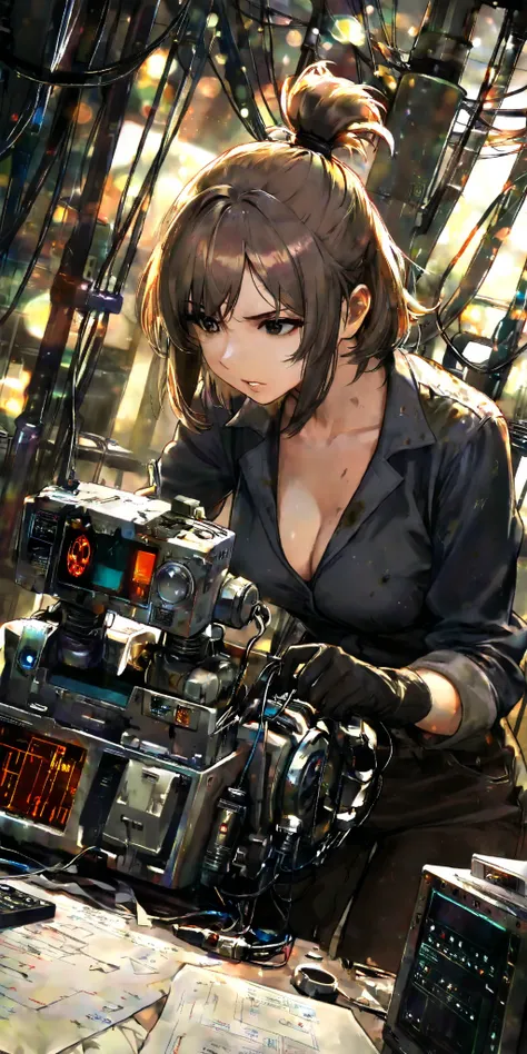 1 adult woman and 1 old man,Apprentice engineer woman,parted lips,Topknot Hair, raised eyebrow, medium breasts,repairing a broken large industrial robot,Dirty work clothes,craftsman holding a scrap of paper with a memo written on it told me,computer,Diagnostic Tool,tester,real,high resolution,4K,HDR,Studio Light,フォトreal,precise texture,vibrant colors,bokeh,indoor scene,Soft Light,warm atmosphere,Serious Expression of a Girl,Fixing It Effortlessly,Focusing on Machine Parts,Expert technique,realistic illustration full of details,serious,distant shot, character as part of lands, Dutch angle,Circuit Diagram