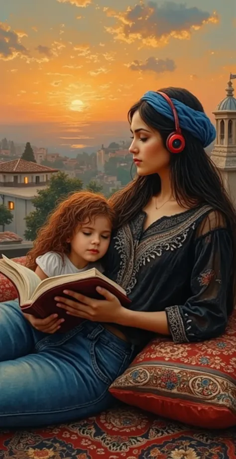 created a painting with oil painting with huge details , In the style of the artist Leonardo Davinci , In the era of the European renaissance ,  A fully detailed painting of an Arab woman lying on the roof of the house on an Arabic carpet, holding a book i...