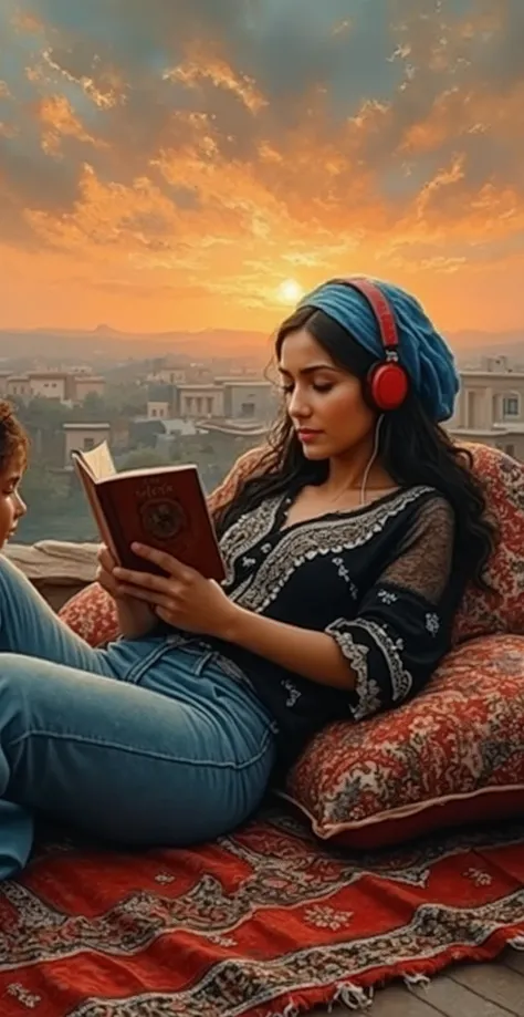 created a painting with oil painting with huge details , In the style of the artist Leonardo Davinci , In the era of the European renaissance ,  A fully detailed painting of an Arab woman lying on the roof of the house on an Arabic carpet, holding a book i...