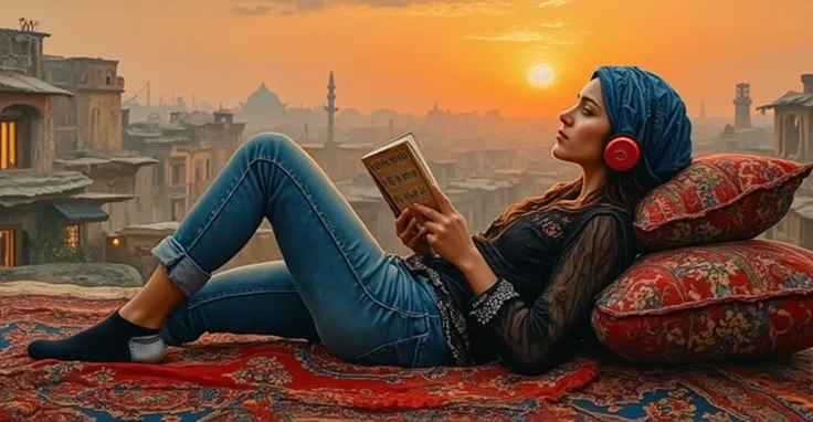 created a painting with oil painting with huge details , In the style of the artist Leonardo Davinci , In the era of the European renaissance ,  A fully detailed painting of an Arab woman lying on the roof of the house on an Arabic carpet, holding a book i...
