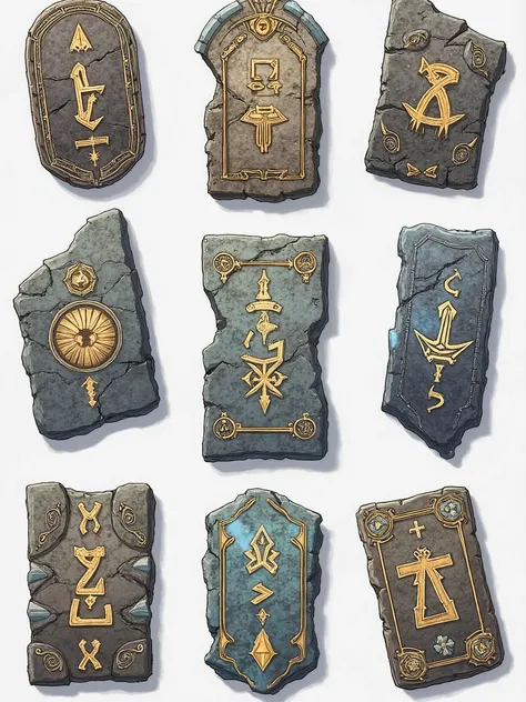 Hand-drawn top-down view image featuring a pack of eight unique fantasy assets arranged with ample spacing on a plain white background, perfect for Dungeondraft. Include:

A set of ancient runic tablets, carved from weathered stone and cracked marble, etch...