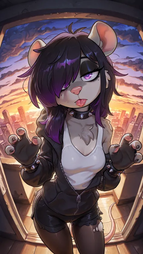 masterpiece, best quality, amazing quality, very aesthetic, high resolution, ultra-detailed, absurdres, newest, scenery, 1girl, possum, furry female, purple eyes, black hair (purple highlights), messy hair, long hair, (19-year-old girl), closed mouth, look...