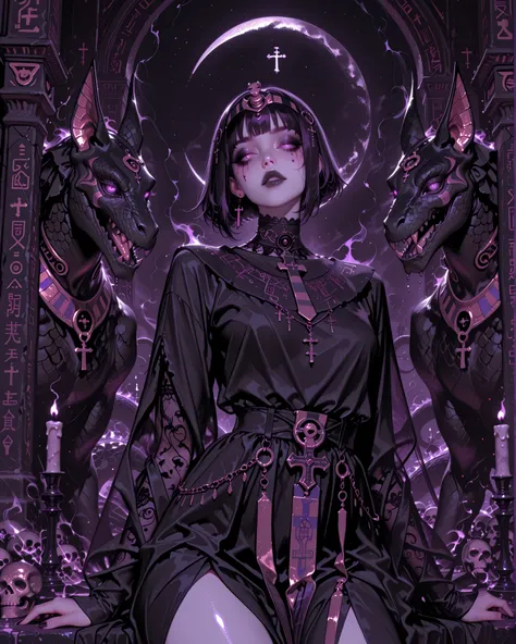 Gothic Egyptian queen, pale skin with a subtle golden glow, slim and elegant body, wearing a fusion of gothic fashion and ancient Egyptian attire. She wears a black and gold dress with sheer fabric, flowing layers, gothic lace details, metallic ornaments, ...