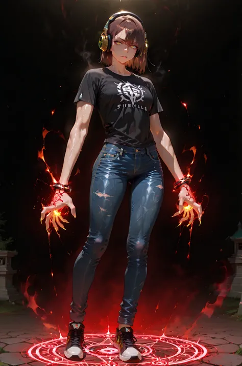 masterpiece, best quality, amazing quality, very aesthetic, high resolution, newest, hyper-detailed,solo, 1 MAN, male character, mature man, athletic figure, brown hair, fierce expression, Black t-shirt with a claw's logo, jeans pants, old shoes, headpho...