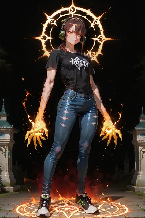 masterpiece, best quality, amazing quality, very aesthetic, high resolution, newest, hyper-detailed,solo, 1 MAN, male character, mature man, athletic figure, brown hair, fierce expression, Black t-shirt with a claw's logo, jeans pants, old shoes, headpho...