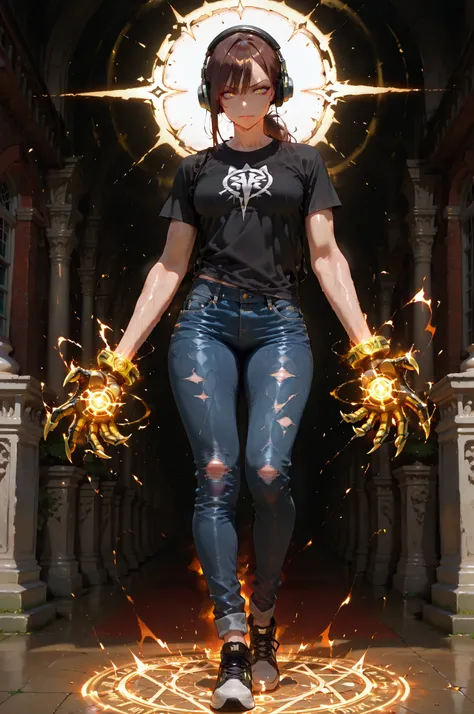 masterpiece, best quality, amazing quality, very aesthetic, high resolution, newest, hyper-detailed,solo, 1 MAN, male character, mature man, athletic figure, brown hair, fierce expression, Black t-shirt with a claw's logo, jeans pants, old shoes, headpho...