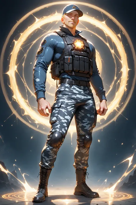 masterpiece, best quality, amazing quality, very aesthetic, high resolution, newest, hyper-detailed,solo, 1 MAN, male character, mature man, athletic figure, blonde hair, bulletproof coat, baseball hat, camo pants, boots, magic circles glowing around him ...