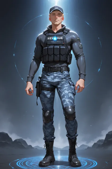 masterpiece, best quality, amazing quality, very aesthetic, high resolution, newest, hyper-detailed,solo, 1 MAN, male character, mature man, athletic figure, blonde hair, bulletproof coat, baseball hat, camo pants, boots, magic circles glowing around him ...