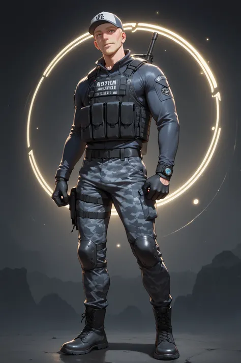 masterpiece, best quality, amazing quality, very aesthetic, high resolution, newest, hyper-detailed,solo, 1 MAN, male character, mature man, athletic figure, blonde hair, bulletproof coat, baseball hat, camo pants, boots, magic circles glowing around him ...