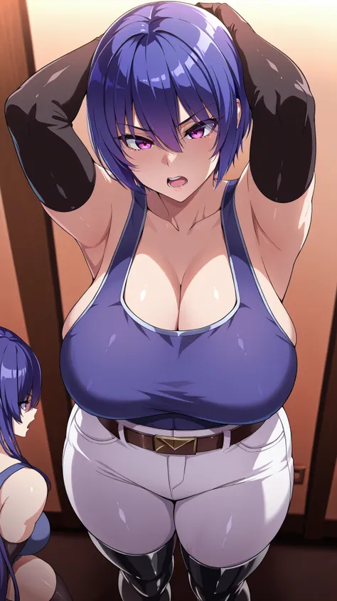 hotel room is dark,Akiyama Rinko(short hair),serious face,Open your mouth ,Handsome women,White Pants,belt,black thigh high boots,navy blue tank top,black rubber thigh high long gloves,thick thighs,Standing,hands are behind the head,from above