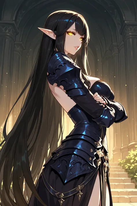 lazypos, 1girl, solo, looking at viewer, wideshot, from the side, standing, detailed eyes, looking at viewer, shadow, ligh particles, full lips, thick lips, Inspiring, arms crossed,
very long hair, black hair, yellow eyes, pointy ears, glowing eyes, medium...