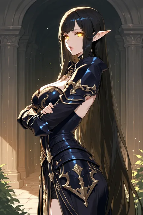 lazypos, 1girl, solo, looking at viewer, wideshot, from the side, standing, detailed eyes, looking at viewer, shadow, ligh particles, full lips, thick lips, Inspiring, arms crossed,
very long hair, black hair, yellow eyes, pointy ears, glowing eyes, medium...