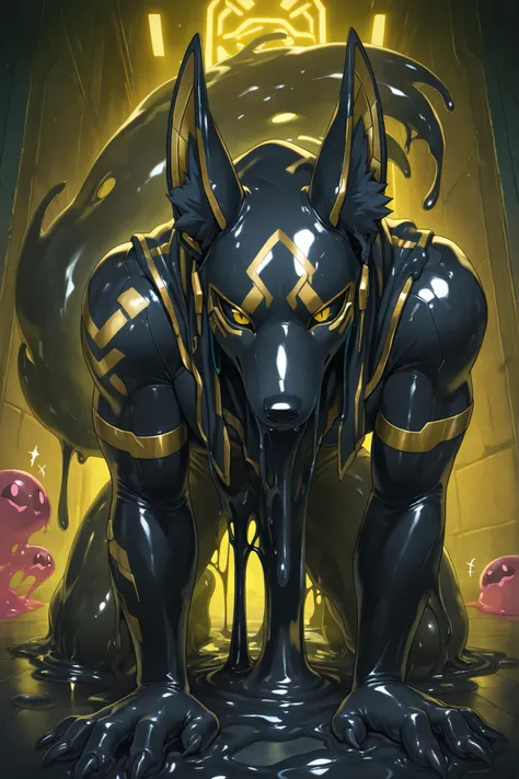 1boy:1.2 , anthro goo boy, anthro goo wolf, claws,\(vader-san\), wolf boy, liquid latex creature, black body, gold markings, egyptian, jackal, jackal ears, black sclera, slit pupils, solo, alleyway background, cyberpunk vibes, masterpiece, best quality, am...