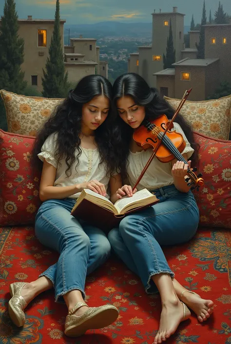 created a painting with oil painting with huge details , In the style of the artist Leonardo Davinci , In the era of the European renaissance ,  A fully detailed painting of two Arab girls on the roof of the house lying on an Arabic carpet with decorative ...