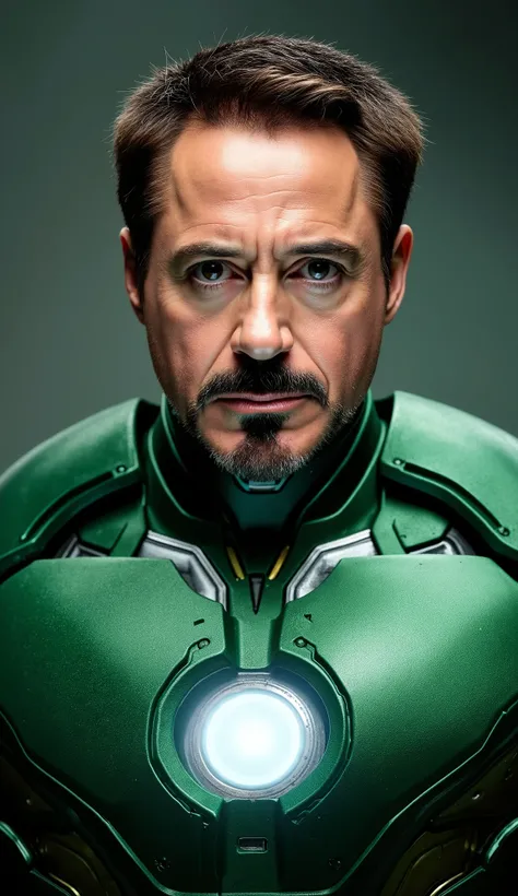 Ultra-realistic portrait of ROBERT DOWNEY with green and silver suit, background cinematic lighting highlighting metallic reflections, hyperdetailed textures dark science-fiction atmosphere 8K resolution, photorealistic style, dramatic and powerful presenc...