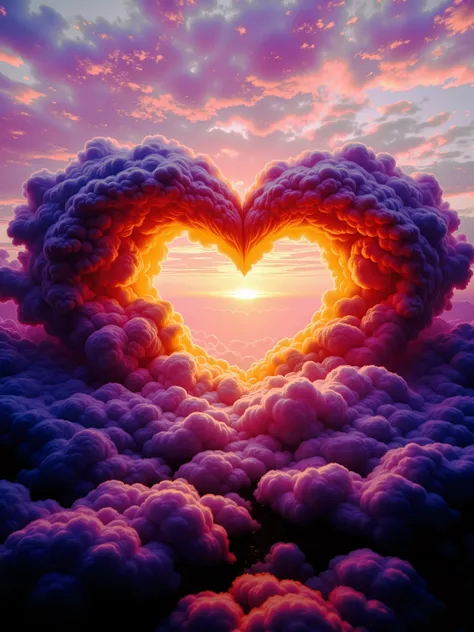 Vibrant and ethereal clouds form a large heart shape in the sky, framing the sun as it sets, casting a magnificent display of colors across the scene. The warm hues of orange and pink envelop the edges of the clouds, while tones of purple and deep violet c...