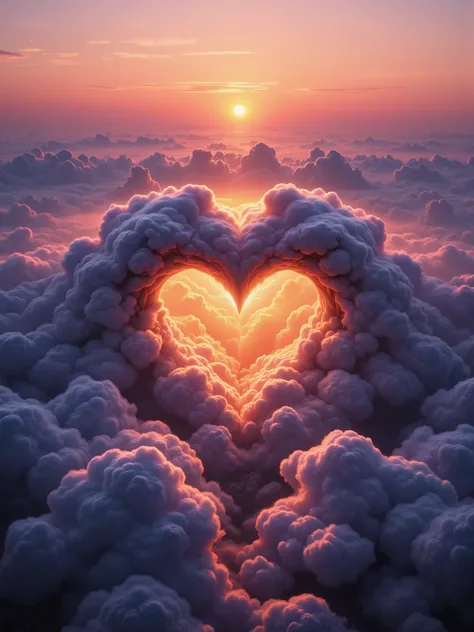 In an ethereal scene above the clouds, a giant, heart-shaped fog formation captivates the viewer. The cloud heart appears carved from denser clouds, with textures mimicking rough-hewn stone. As the sun begins its descent, it casts a radiant, golden light a...