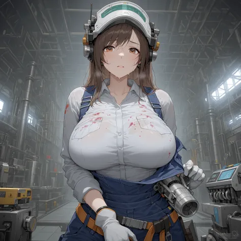 masterpiece、Highest Quality:1.5、woman wearing work clothes、mechanic、BIG BREASTS、sweat、Stains on clothes and face、scene repairing a machine、Factory Background