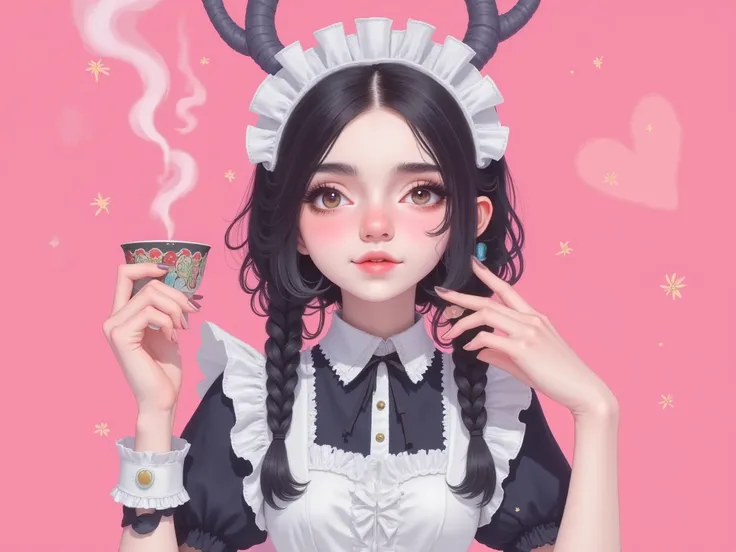 
no background , flat background , pink background , girl with a maid costume , Maid Café , serving coffee