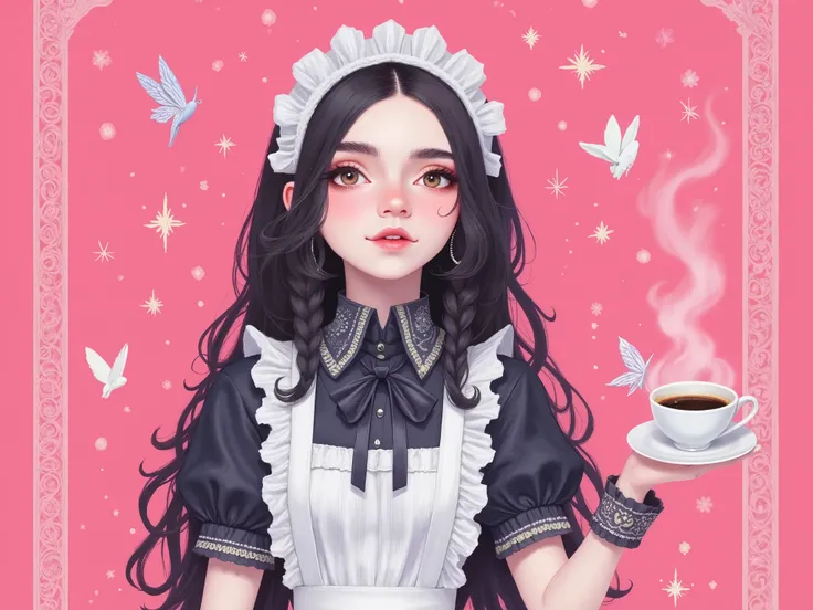 
no background , flat background , pink background , girl with a maid costume , Maid Café , serving coffee