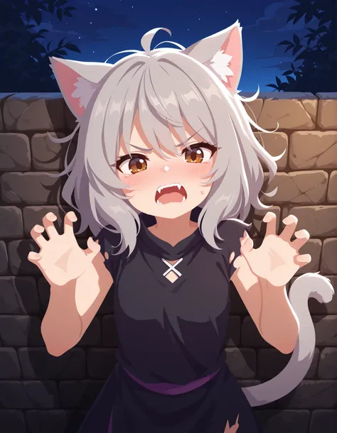 no lineart,, 1girl, petite, (skinny and frail:0.7), cat girl, against wall, stone wall, brown eyes,looking at viewer, grey hair, medium hair, messy hair, angry, (scared:0.4), (open mouth:0.5), fangs, hands up, (tearing up:0.5), tail raised, torn clothes, s...