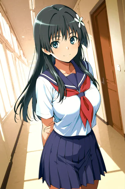 score_9,score_8_up ,score_7_up ,score_6_up ,score_5_up ,score_4_up ,(source_anime), clip skip:2,(masterpiece:1.3), (cowboy shot),saten ruiko, black hair, blue eyes, long hair, hair ornament, flower ornament,, blue skirt, pleated skirt, sakugawa school unif...