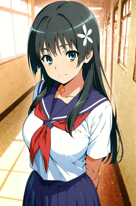 score_9,score_8_up ,score_7_up ,score_6_up ,score_5_up ,score_4_up ,(source_anime), clip skip:2,(masterpiece:1.3), (cowboy shot),saten ruiko, black hair, blue eyes, long hair, hair ornament, flower ornament,, blue skirt, pleated skirt, sakugawa school unif...