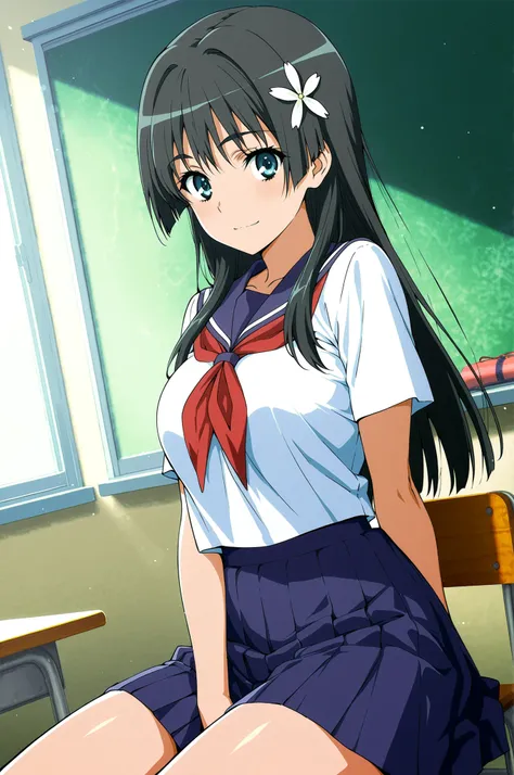 score_9,score_8_up ,score_7_up ,score_6_up ,score_5_up ,score_4_up ,(source_anime), clip skip:2,(masterpiece:1.3), NSFW,(cowboy shot),saten ruiko, black hair, blue eyes, long hair, hair ornament, flower ornament,, blue skirt, pleated skirt, sakugawa school...