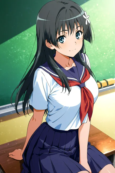 score_9,score_8_up ,score_7_up ,score_6_up ,score_5_up ,score_4_up ,(source_anime), clip skip:2,(masterpiece:1.3), NSFW,(cowboy shot),saten ruiko, black hair, blue eyes, long hair, hair ornament, flower ornament,, blue skirt, pleated skirt, sakugawa school...