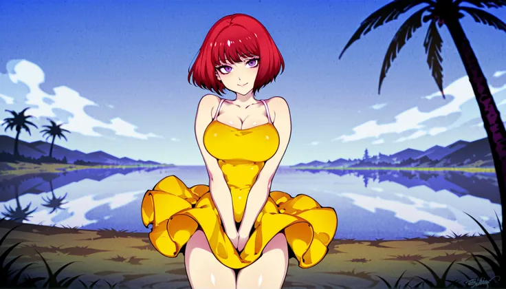 Source_anime, fishine style, 1girl, solo, redhead BREAK
Red hair, short hair, bob_cut, purple eyes, large breasts, narrow waist, curvacious body, hips BREAK
Yellow sundress, bare shoulders, sleeveless, collarbone BREAK
Looking at viewer, cute smile, b...