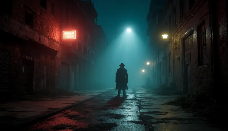 cinematic, mystery, dark, detective, shadow, artificial light, old street