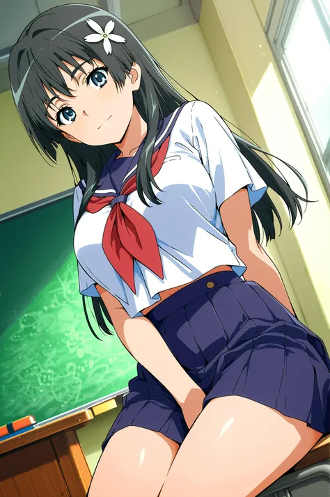 score_9,score_8_up ,score_7_up ,score_6_up ,score_5_up ,score_4_up ,(source_anime), clip skip:2,(masterpiece:1.3), NSFW,(cowboy shot),saten ruiko, black hair, blue eyes, long hair, hair ornament, flower ornament,, blue skirt, pleated skirt, sakugawa school...