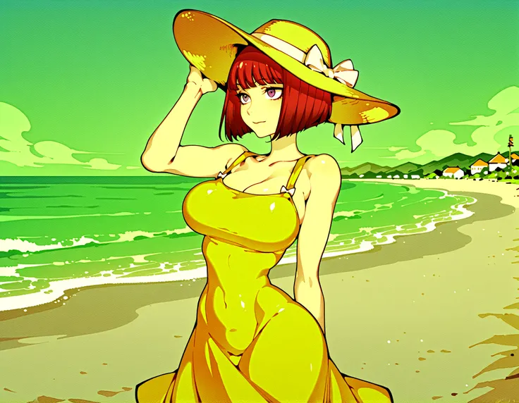 Source_anime, fishine style, 1girl, solo, redhead BREAK
Red hair, short hair, bob_cut, purple eyes, large breasts, narrow waist, curvacious body, hips BREAK
Yellow sundress, bare shoulders, sleeveless, collarbone, sun_hat BREAK
Looking away, light s...