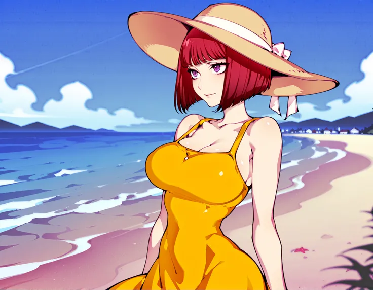 Source_anime, fishine style, 1girl, solo, redhead BREAK
Red hair, short hair, bob_cut, purple eyes, large breasts, narrow waist, curvacious body, hips BREAK
Yellow sundress, bare shoulders, sleeveless, collarbone, sun_hat BREAK
Looking away, light s...
