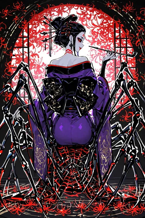  Japanese woman, arachne/drider, spider hybrid. (Her lower body is black widow spider:spider body, eight segmented articulated spider legs covered with red markings.) She has a white skin. She has red lipstick. she smiles slyly. She has jet black narrow ey...