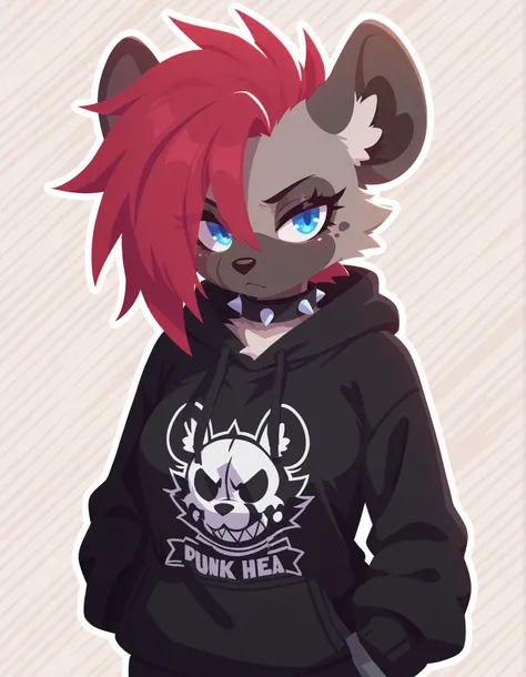 no lineart,,, 1girl, solo, anthro hyena, furry, furry female, blue eyes, punk, grey fur, black hoodie, breast, spike collar, red hair,