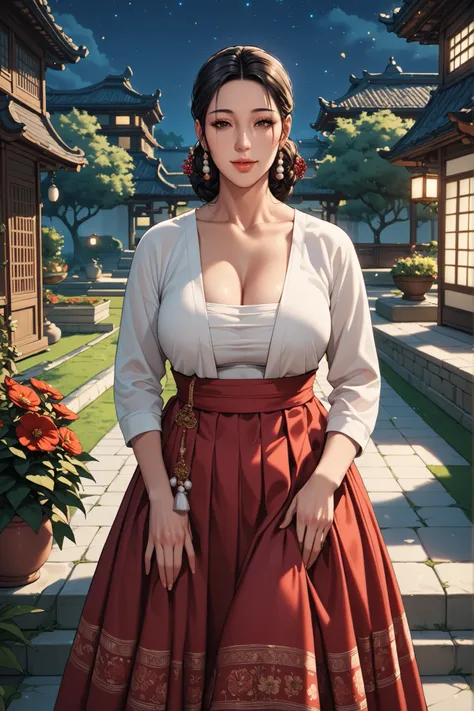 Ancient Korean Milf with Sexy and Big Breasts. mature face. dark eyes. black hair. Exposing and sexy Hanbok. red skirt. I'm walking through the garden. ((Night time)), (( Garden Background ))