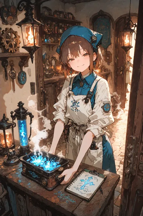 (masterpiece), (best quality), ultra-detailed, anime illustration style,
a charming girl standing at the counter of a fantasy appliance repair shop,
she wears a work apron over a slightly old-fashioned uniform, sleeves rolled up,
welcoming smile as s...
