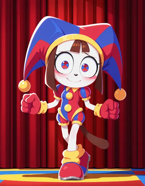 no lineart, sonic (series),, 1girl, solo, furry, Pomni, Pomni_(The_Amazing_Digital_Circus), mobian cat, dog ears, blue eyes, white body fur, brown hair, straight bangs, looking at viewer, smile, oily skin, eyeshadows, (short body, tiny body), big head, clo...