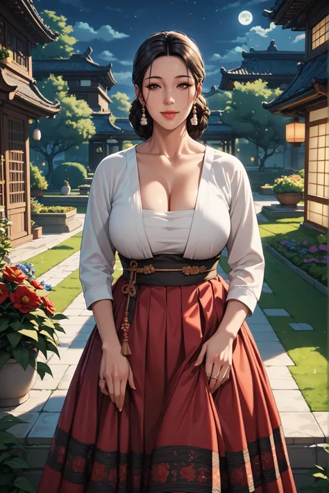 Ancient Korean Milf with Sexy and Big Breasts. mature face. dark eyes. black hair. Exposing and sexy Hanbok. red skirt. I'm walking through the garden. ((Night time)), (( Garden Background ))