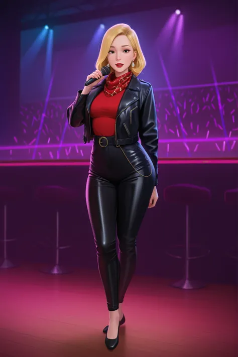 Beth Smith, mature woman, blonde hair, solo, medium hair, small saggy breasts, huge hips. earrings. red lips, black eyes | medium full shot) of (edgy pop singer) woman , wearing a leather jacket , wide-leg trousers with sleek design , ballet flats , smoky ...